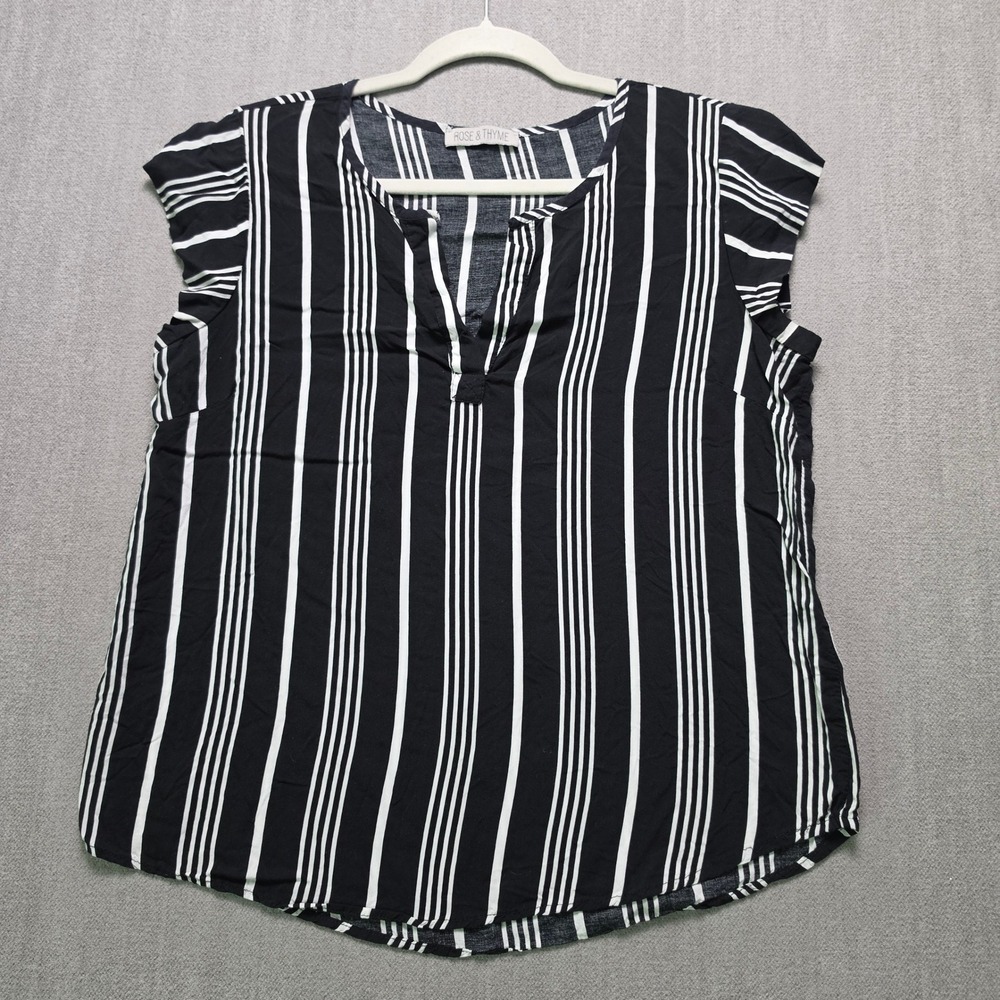 Rose & Thyme Blouse Women Medium Black White Striped Flutter Sleeve V-Neck Top